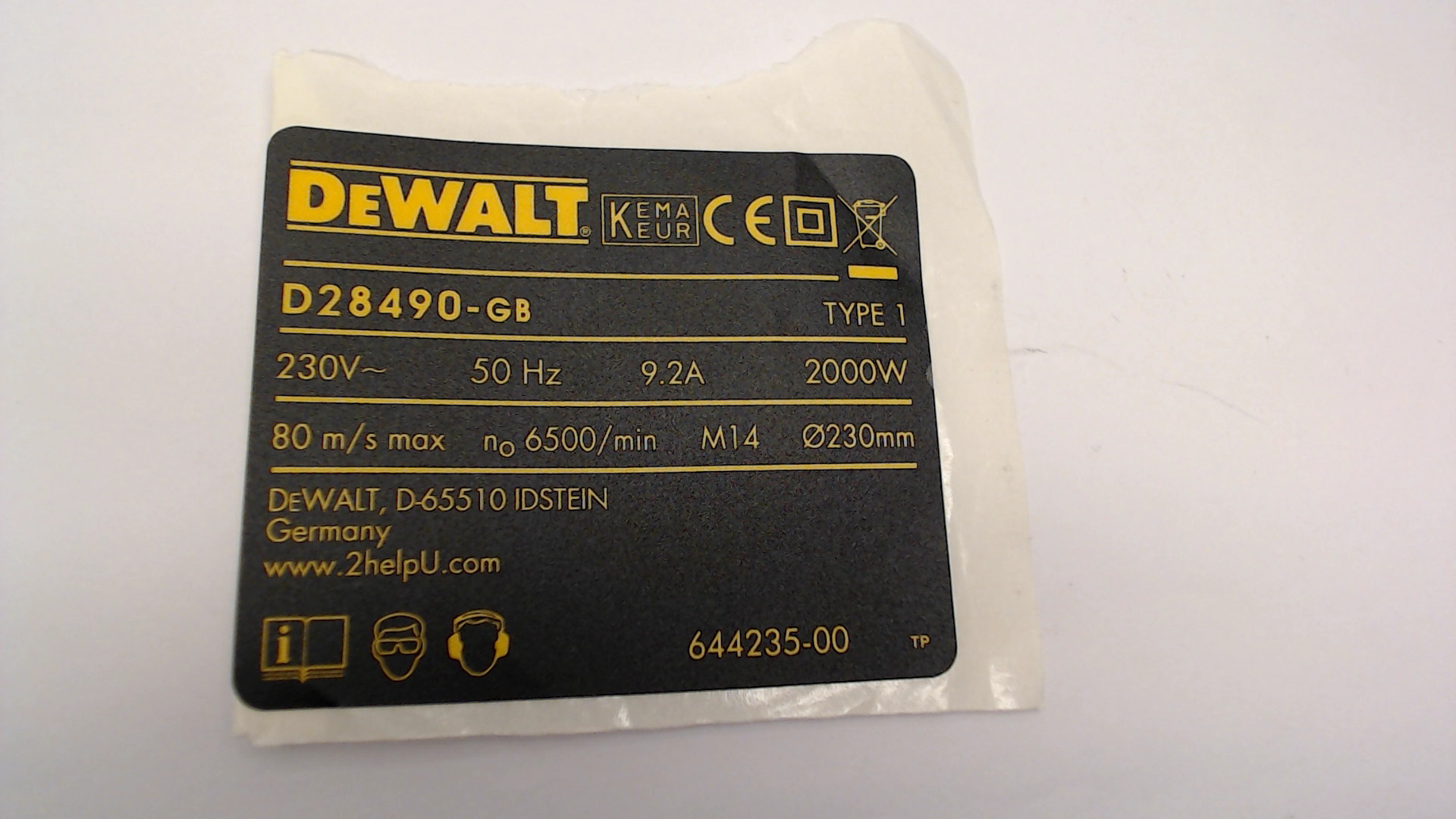 DeWalt 644235-00 RATING PLATE