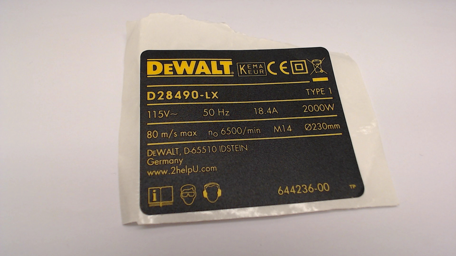 DeWalt 644236-00 RATING PLATE