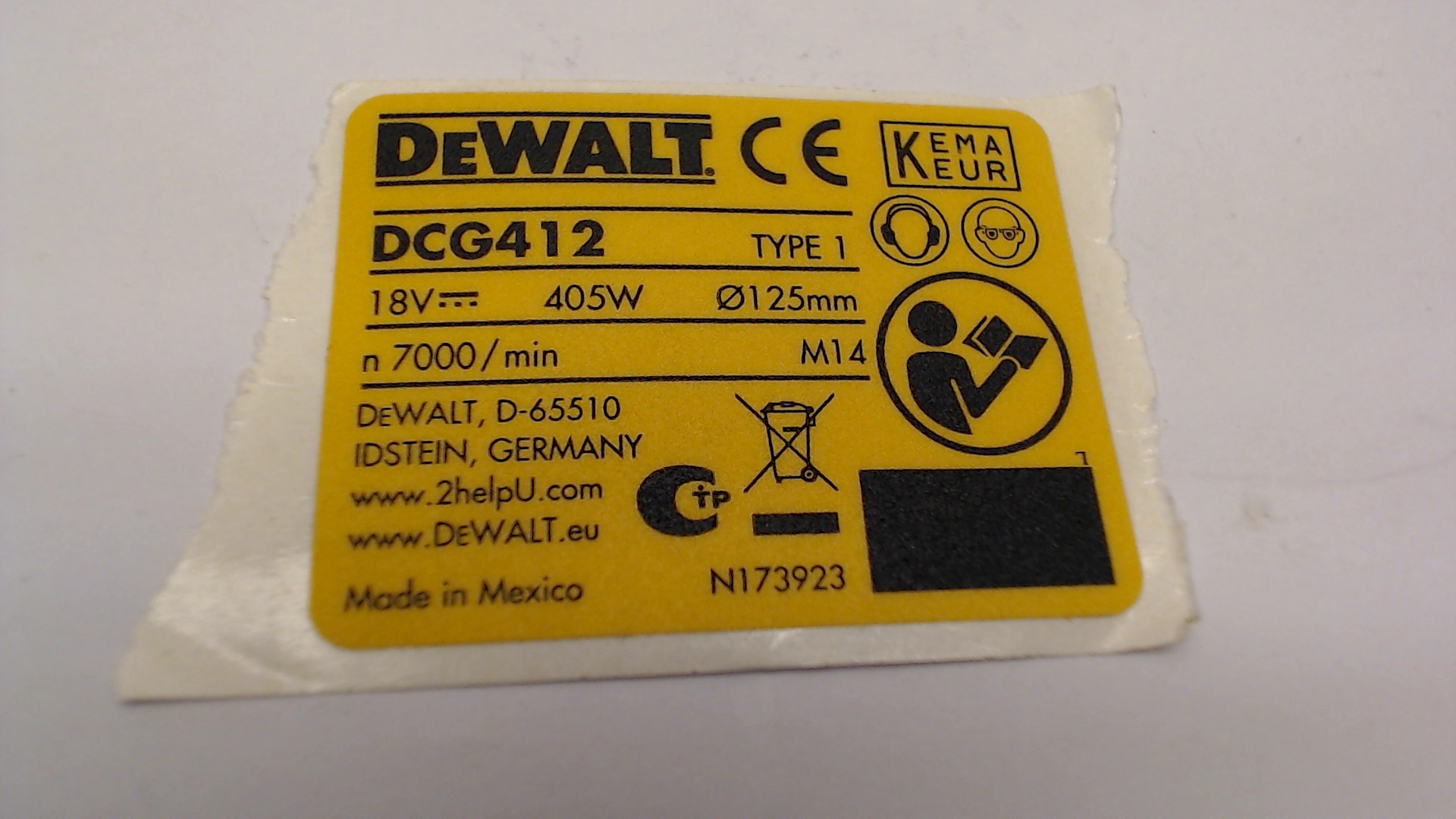 DeWalt N173923 RATING PLATE