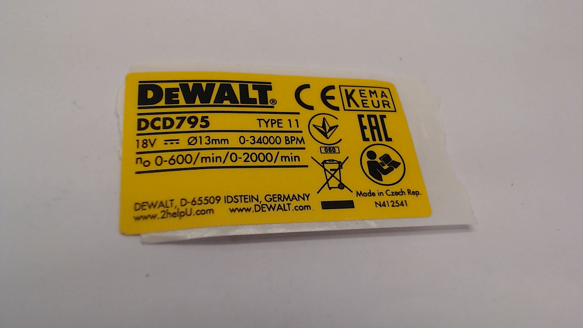 DeWalt N412541 RATING PLATE